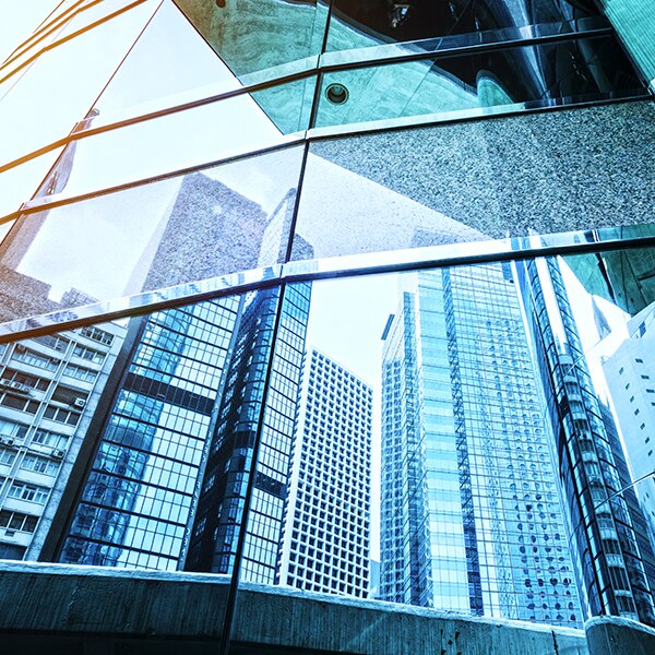 Reflection of city skyline