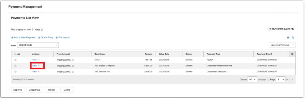 ACH Payment detail actions