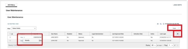 ACH user maintenance