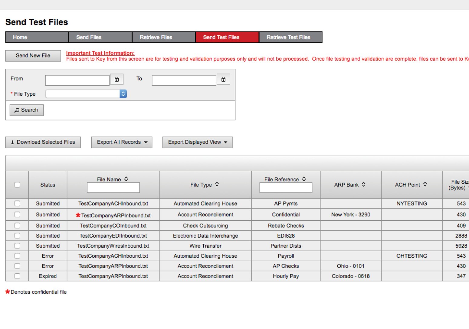 Screenshot showing You can send test ACH, ARP, Check Outsourcing, EDI, and Wire files to KeyBank