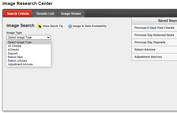 Screenshot showing how to Select the Image Type dropdown to display various search criteria.