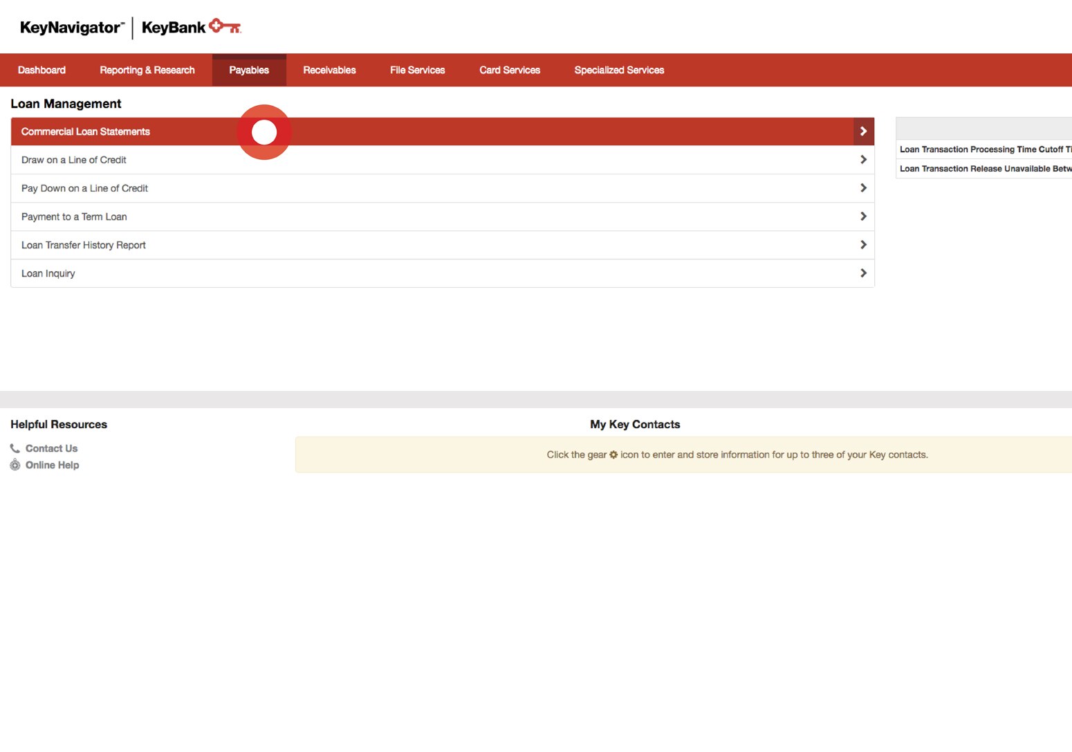 Screenshot showing how to select Commercial Loan Statements from the Loan Management main page.