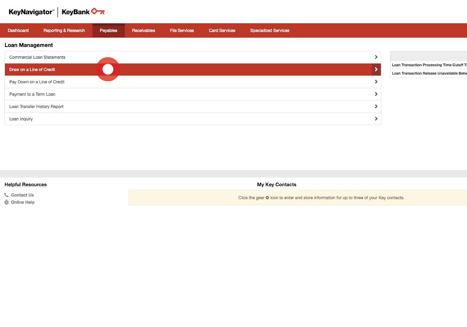 Screenshot showing how to select Draw on a Line of Credit from the Loan Management main page.