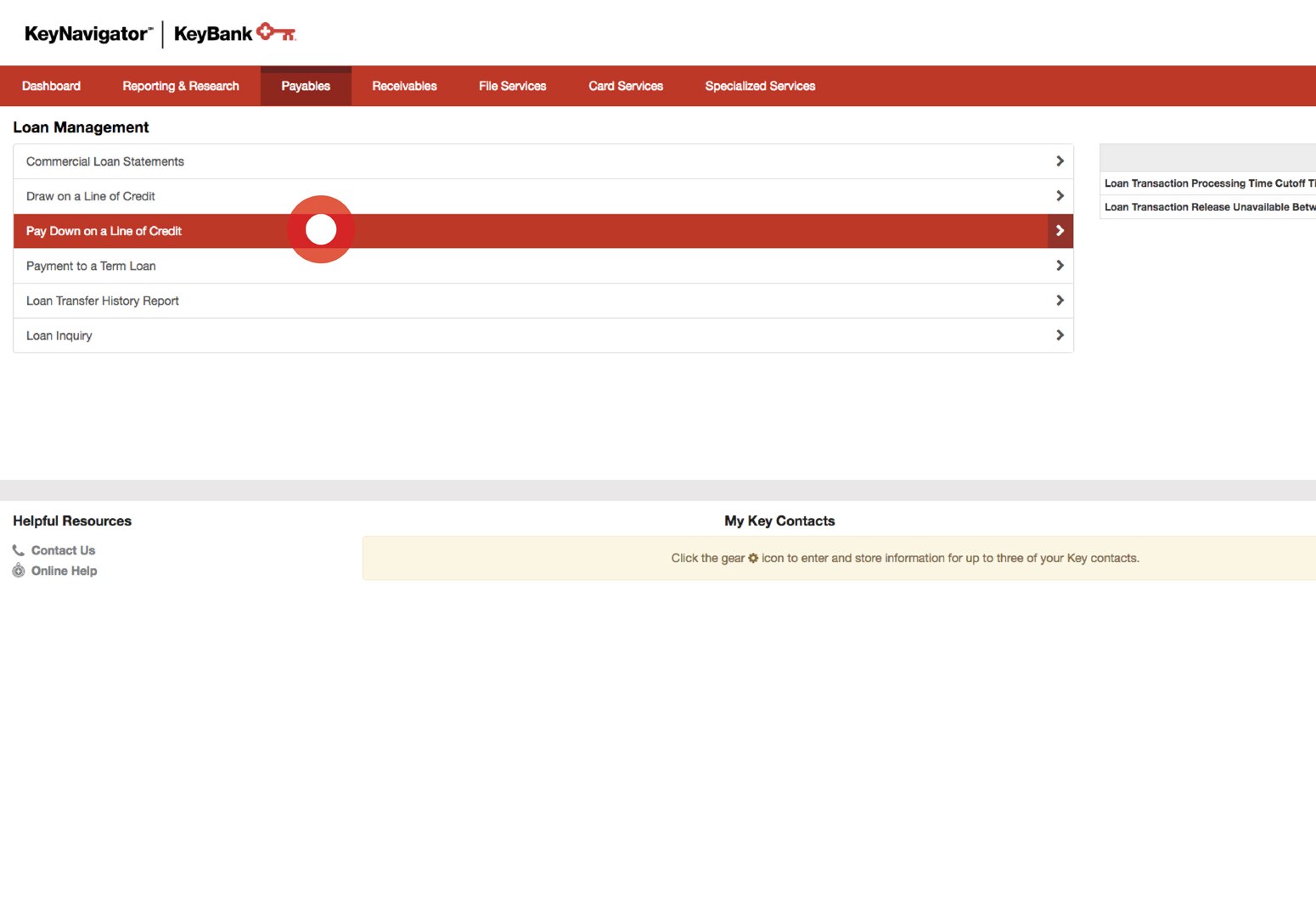 Screenshot showing how to Select Pay Down on a Line of Credit from the Loan Management main page.