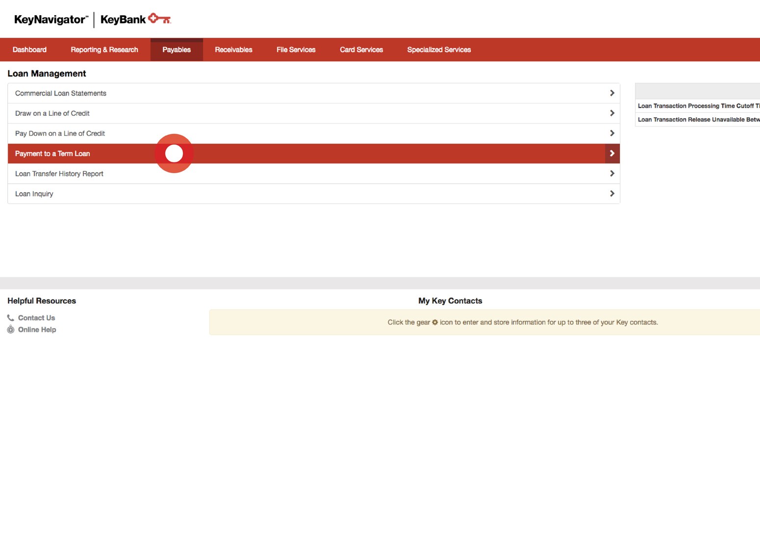 Screenshot showing how to select Payment to a Term Loan from the Loan Management main page.