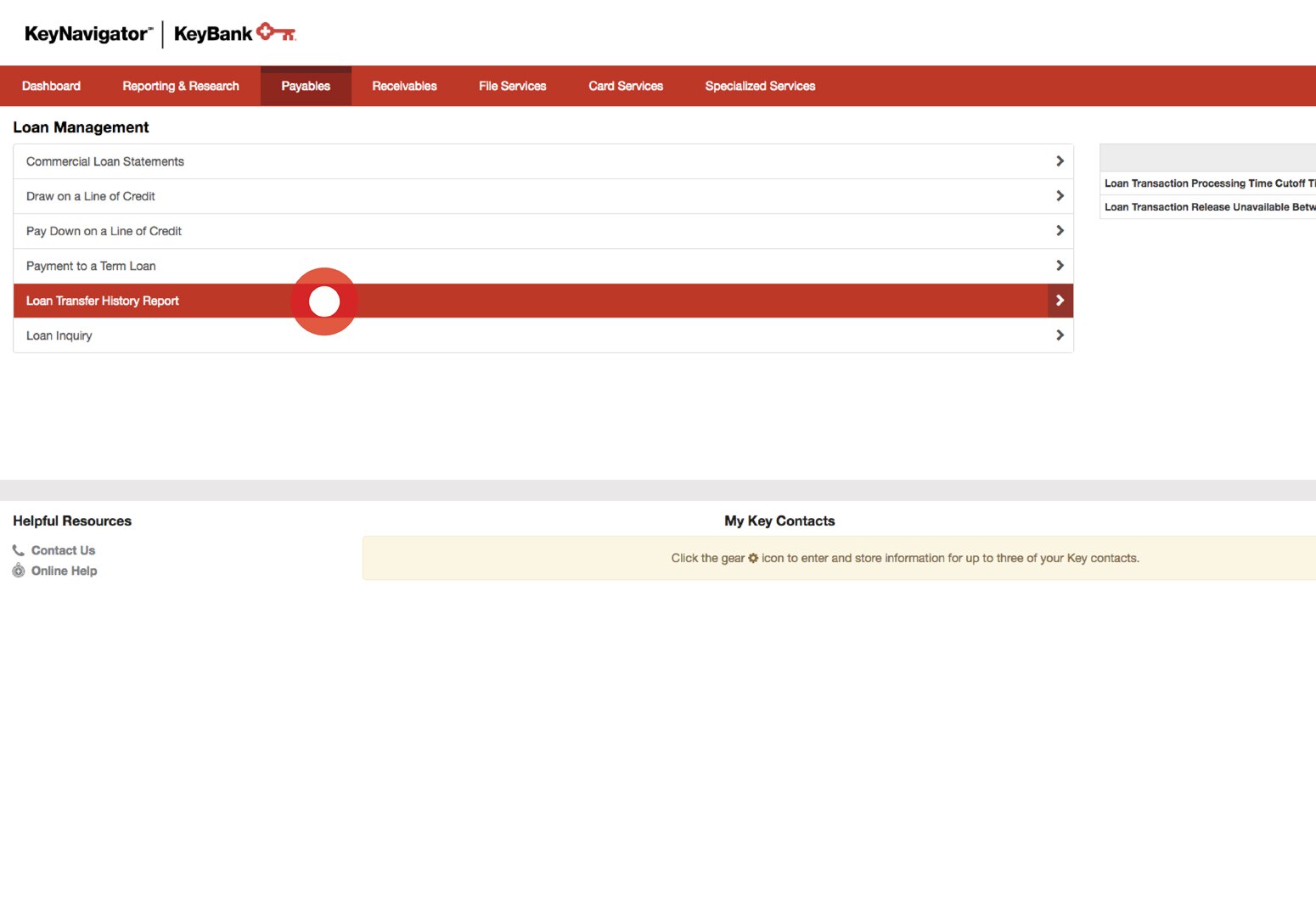 Screenshot showing how to Select Loan Transfer History Report from the Loan Management main page.