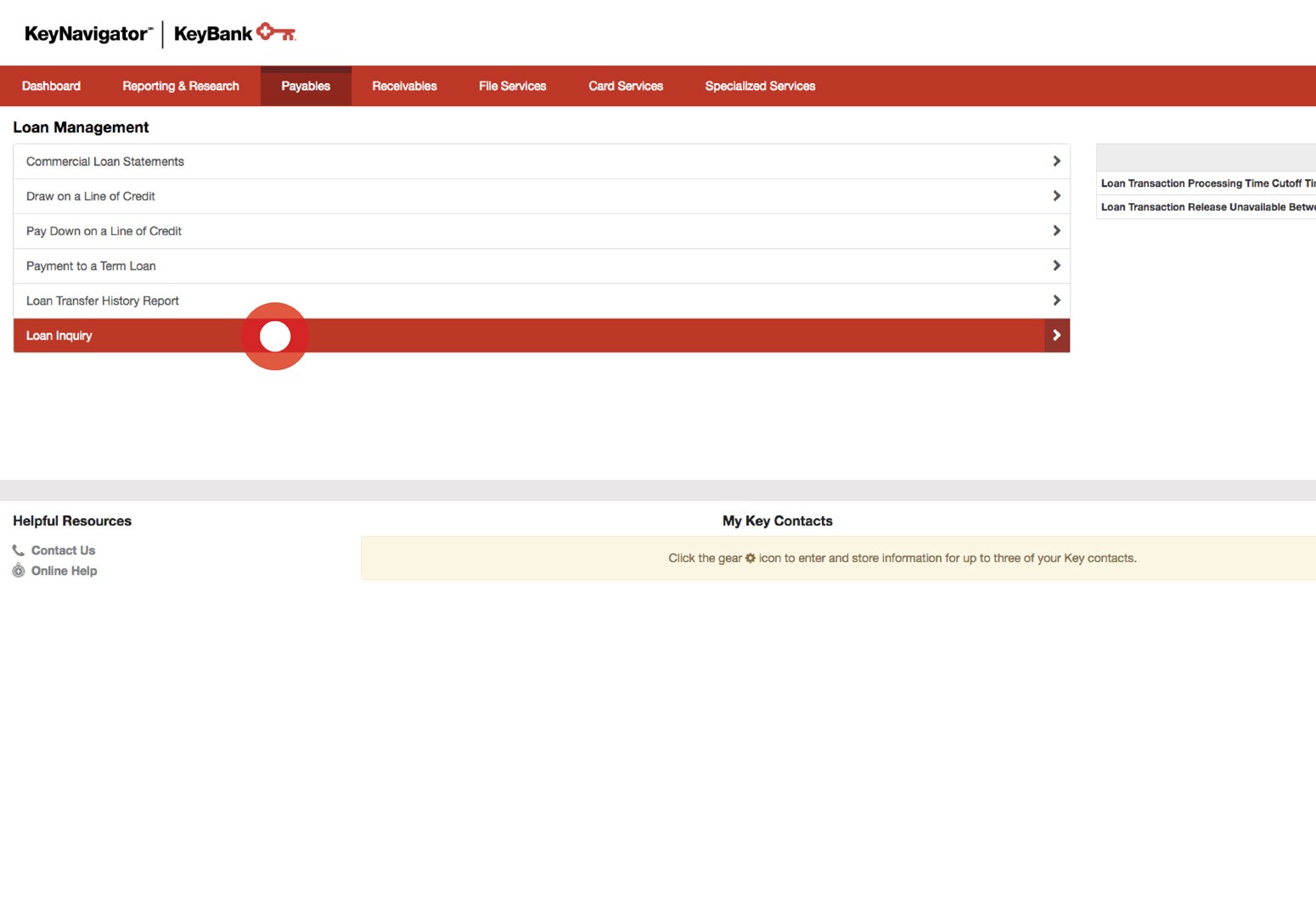 Screenshot showing how to Select Loan Inquiry from the Loan Management main page.