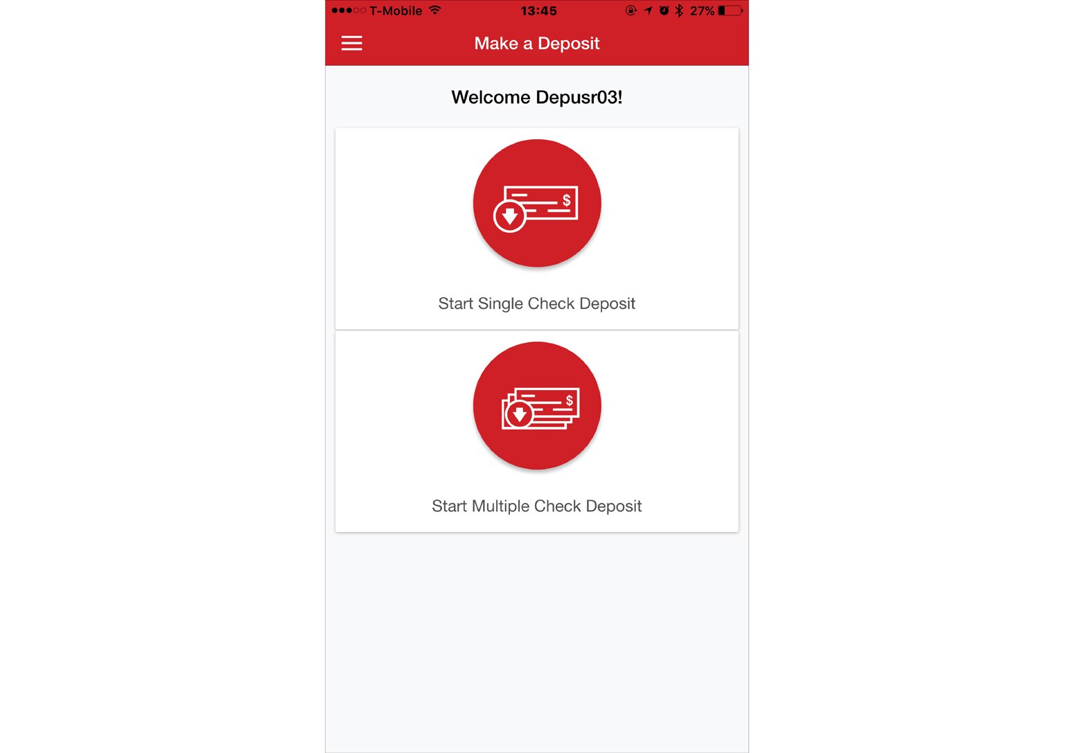 Screenshot showing how to Select Start Single Check Deposit to deposit one single check. Select Start Multiple Check Deposit to deposit more than one check in a deposit.