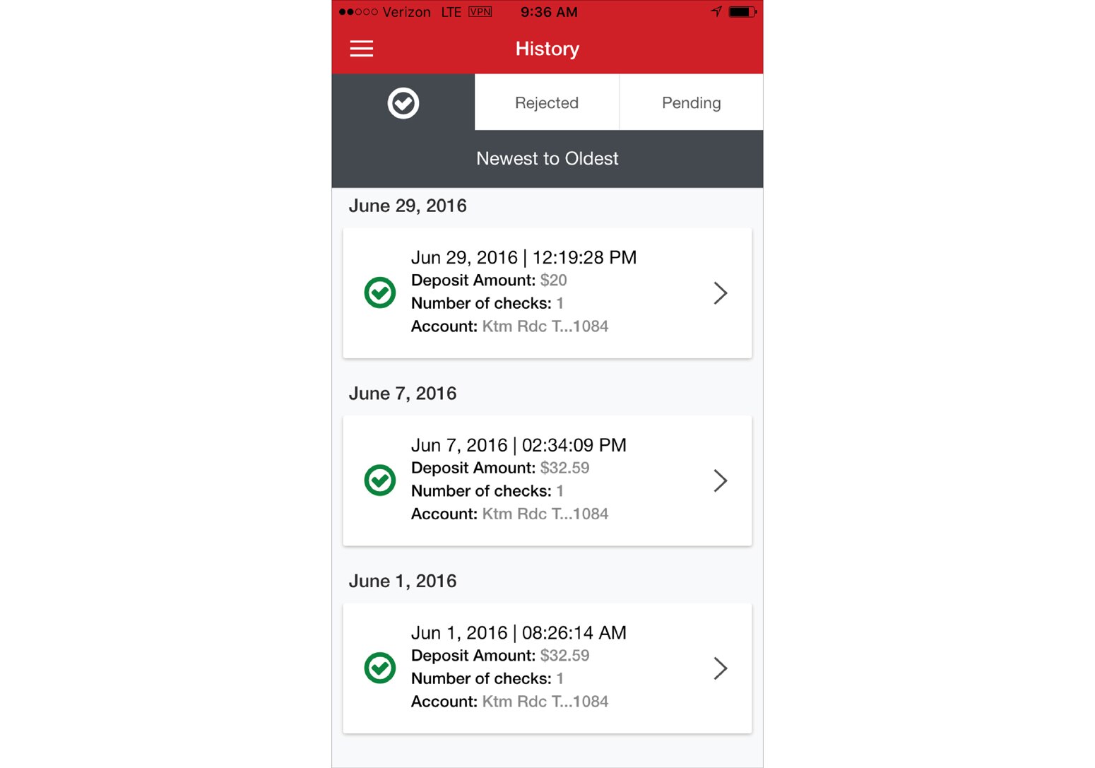 Screenshot showing how the Deposit History will display the list of deposits for the last 30 days or last 25 deposits − whichever comes first.