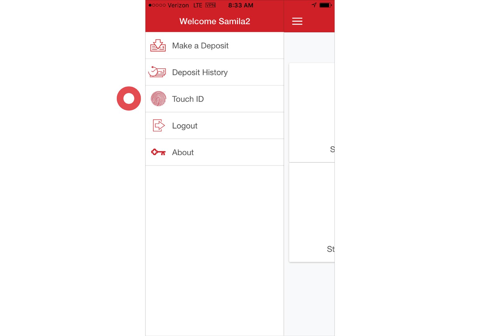 Screenshot showing how iOS users can enable Touch ID for a quicker login option. To enable Touch ID login, select Touch ID from the navigation menu.