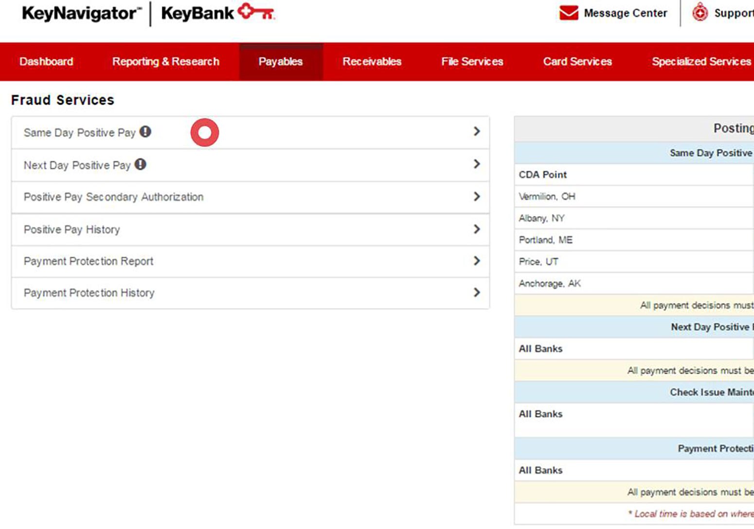 Screenshot showing the Main Fraud Services in KeyNavigator,