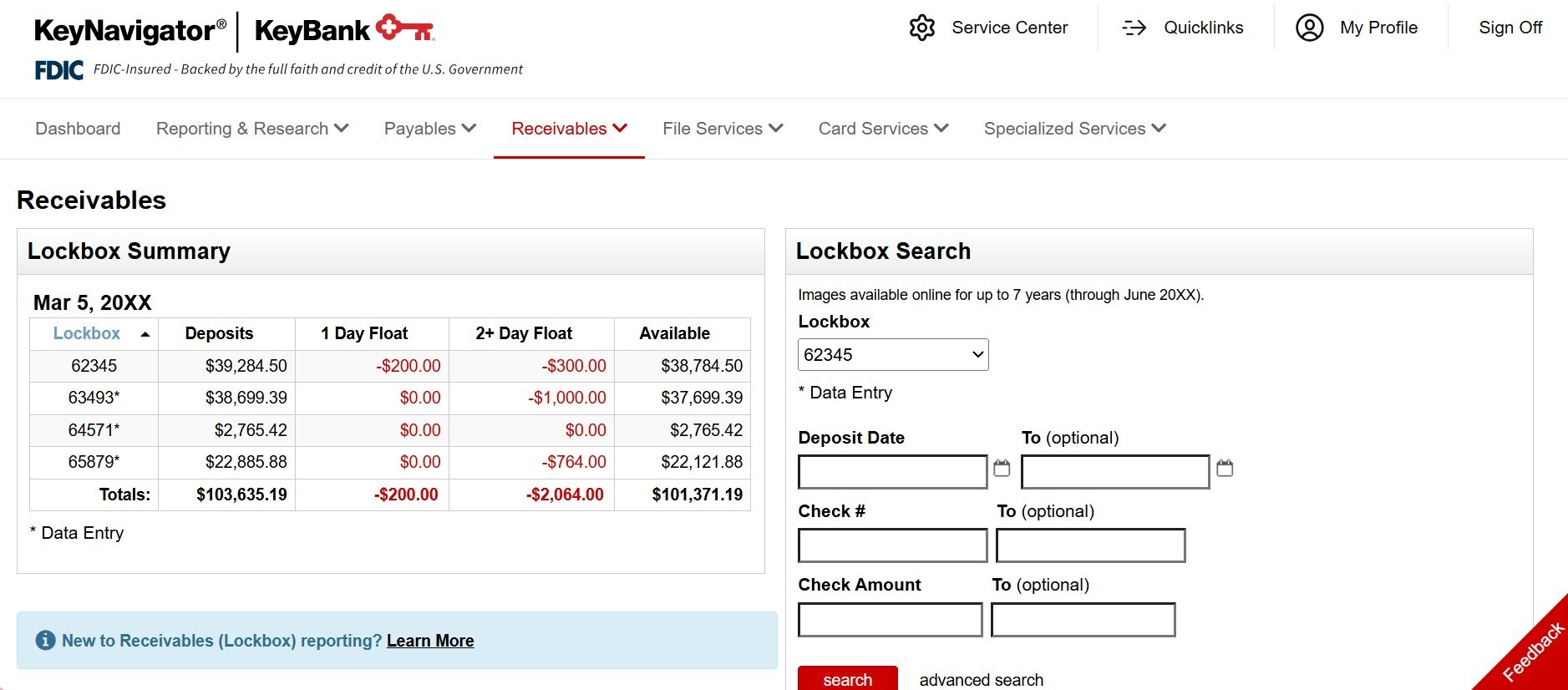 KeyBank KeyNavigator screen showing Receivables with Lockbox Summary table and Lockbox Search form.
