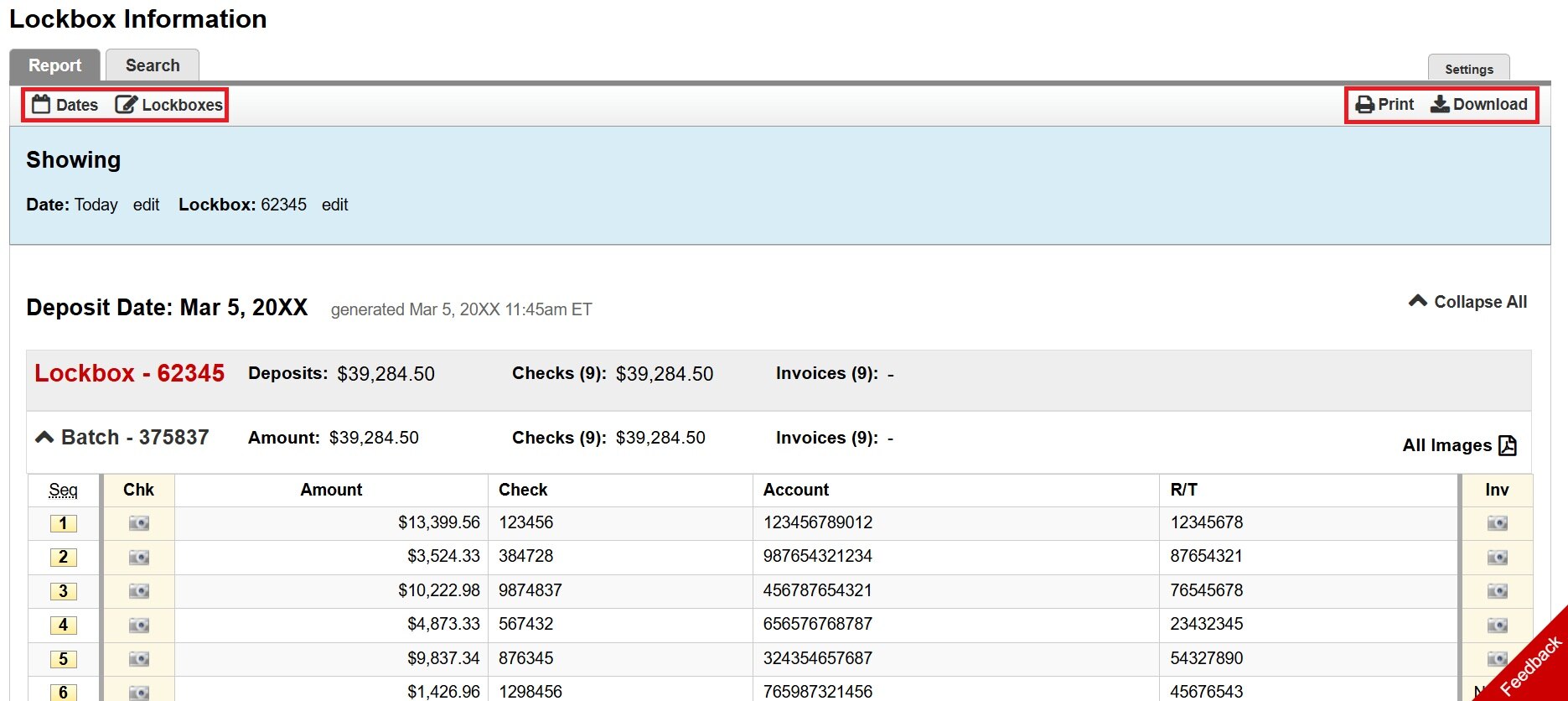 Lockbox dashboard showing deposit date, lockbox number, totals for deposits and checks, and a table of check details.