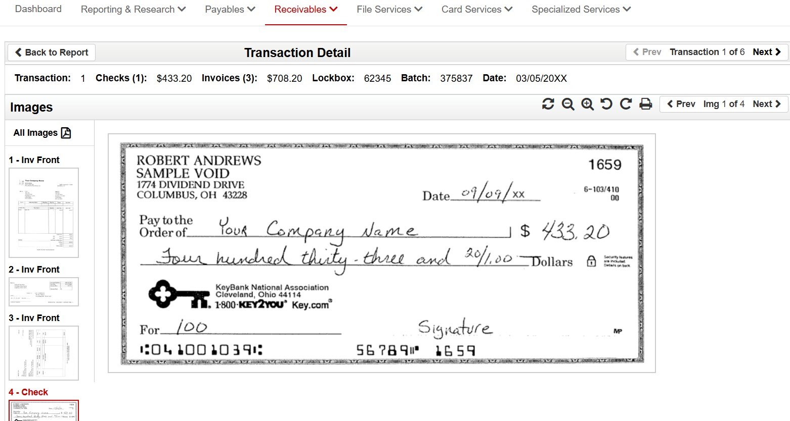 Toolbar with navigation and service options above a check image in the Transaction Detail view.