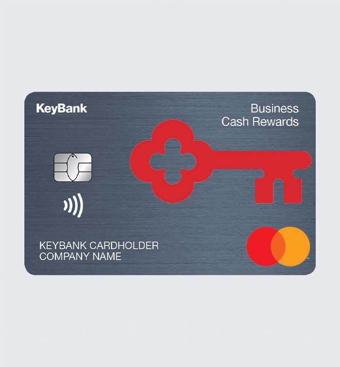 KeyBank Business Cash Rewards credit card art with contactless logo and gray background