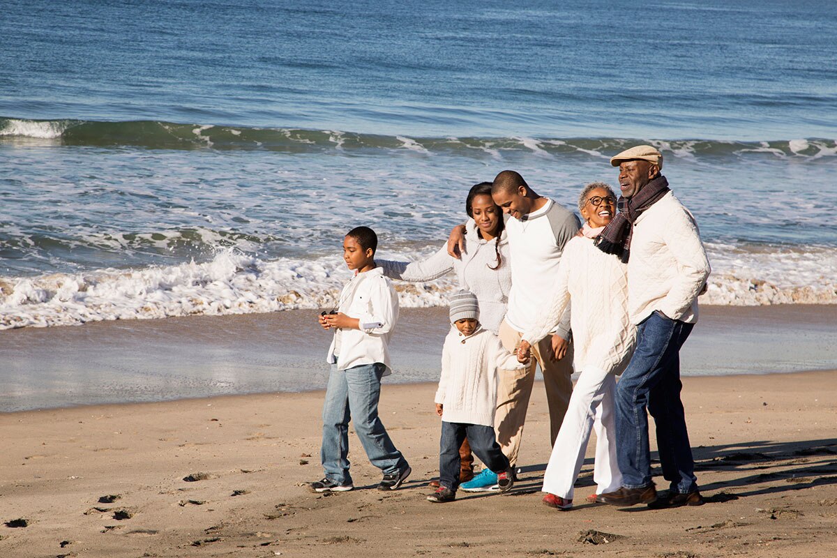 family walking on a beach